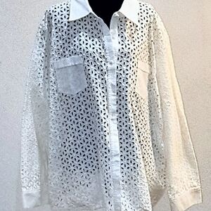 Women's Plus Size Susan Graver White Eyelet Button-Down Shirt